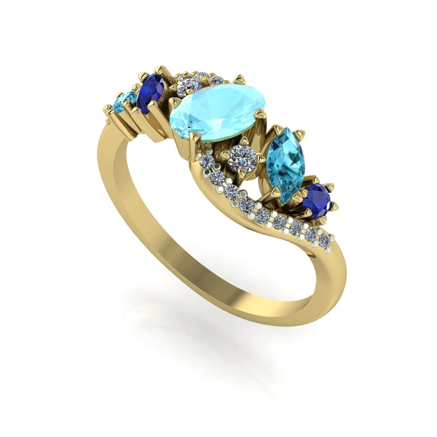 Side profile of the yellow gold Atlantis Storm ring, highlighting the wave setting and the blue gemstone cluster.