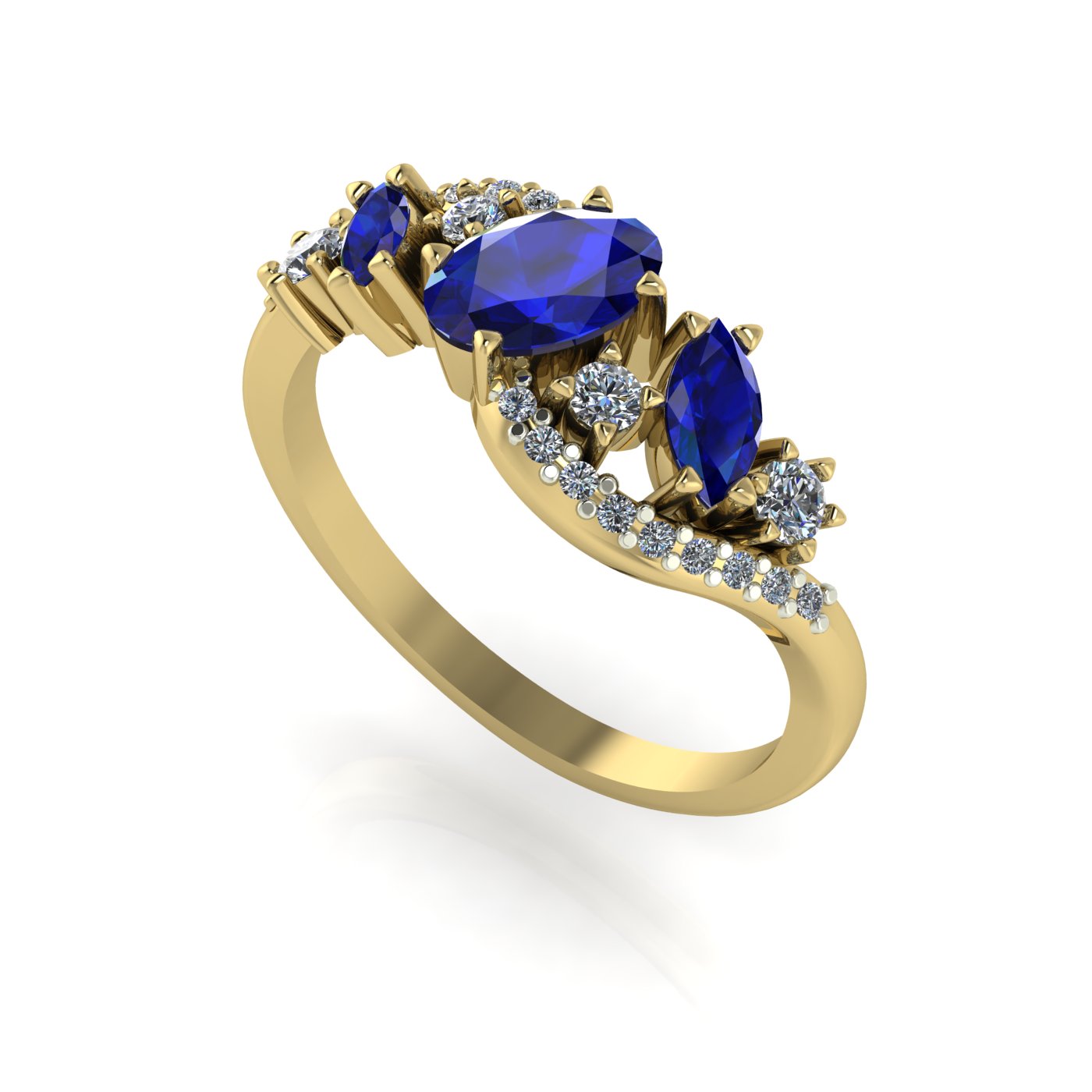 Side profile view of the yellow gold Atlantis Storm ring, showcasing the organic wave setting and multi-stone cluster design.