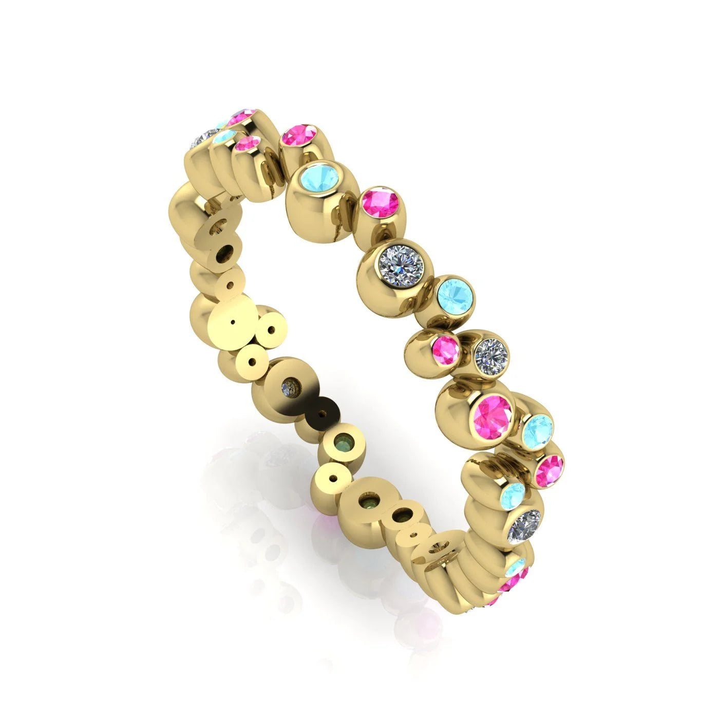 Front three-quarter studio view of the yellow gold bubble band, highlighting the modern, quirky arrangement of diamonds and pastel gemstones.