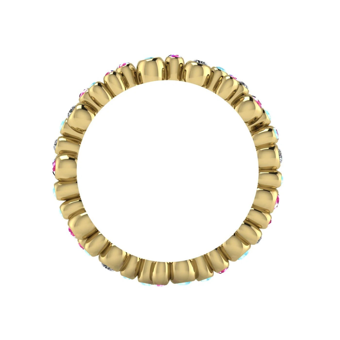 Through-finger view of the 18ct yellow gold eternity ring, showcasing the smooth, polished interior under-gallery and the clean, secure settings.