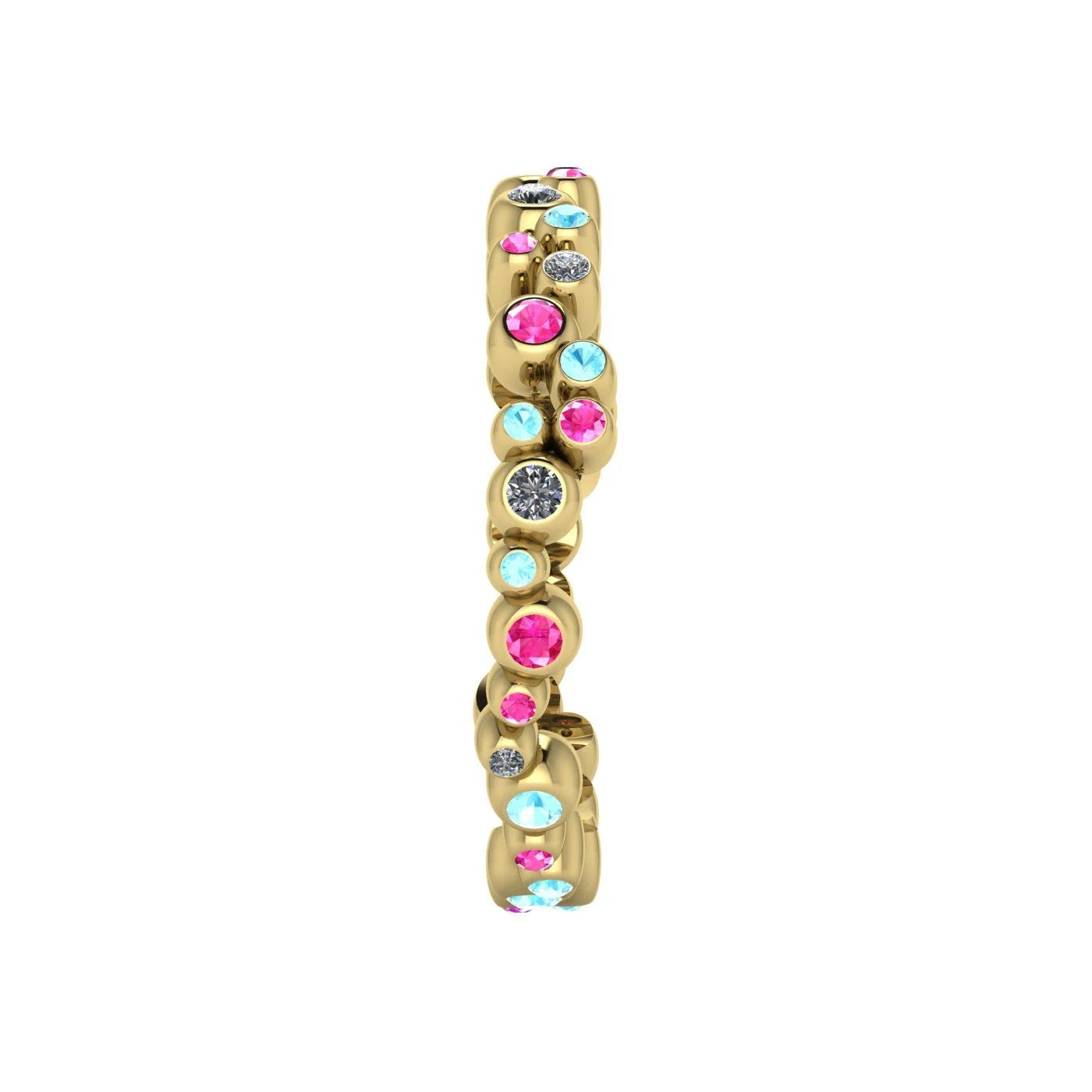 Side profile product photo of the bubble ring, showing the scalloped, comfortable contoured edges of the linked 18ct yellow gold circular settings.