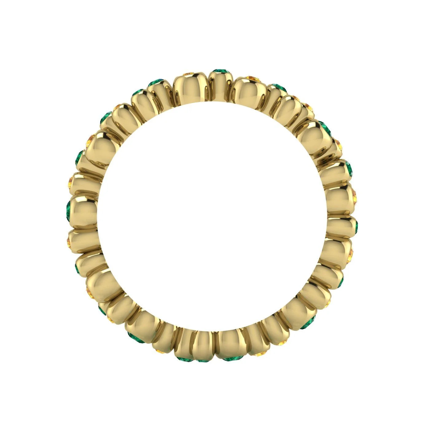 Through-finger view of the 18ct yellow gold eternity ring, showcasing the smooth, polished interior under-gallery and the clean, secure gem settings.