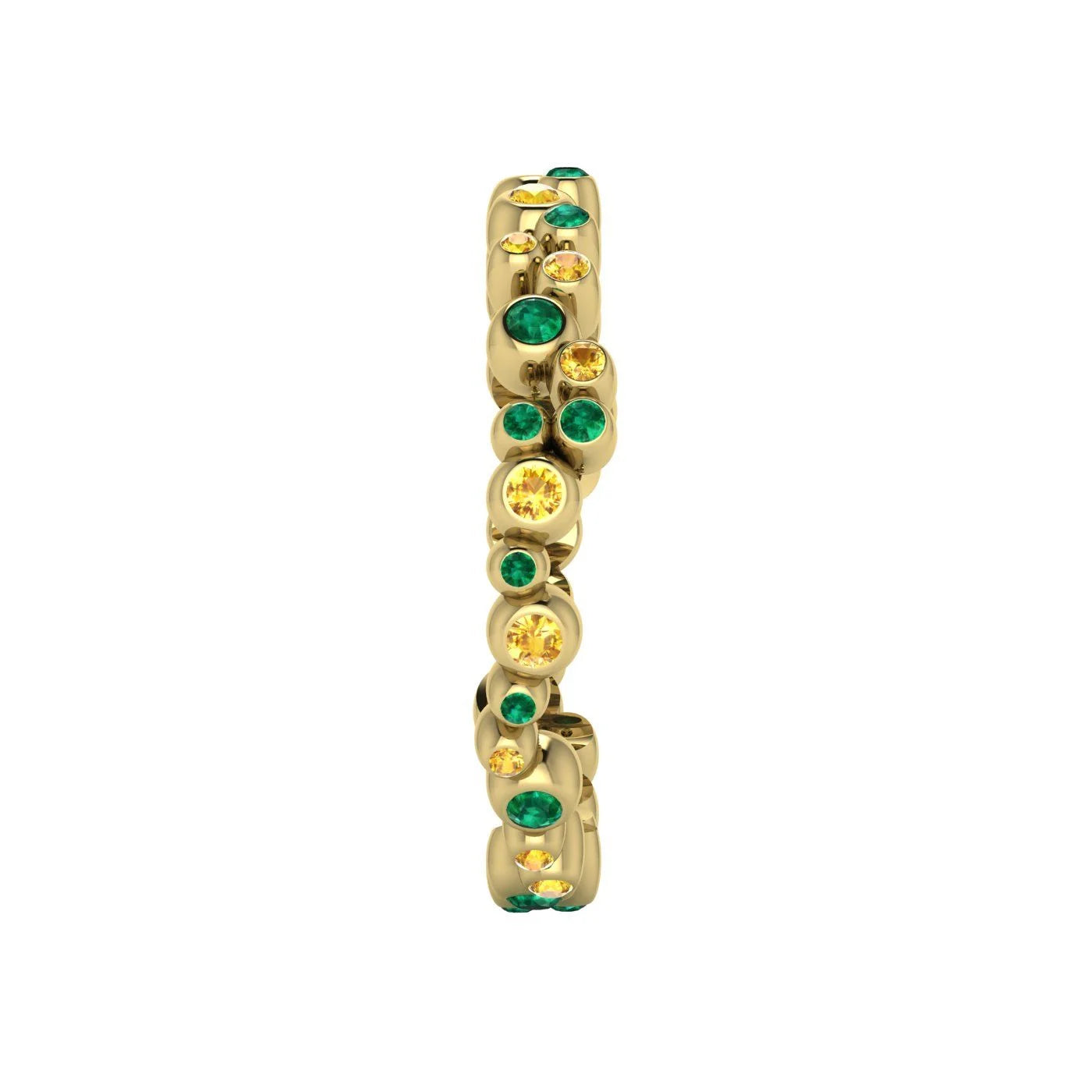 Side profile product photo of the bubble ring, displaying the scalloped, comfortably contoured edges of the linked 18ct yellow gold circular settings.