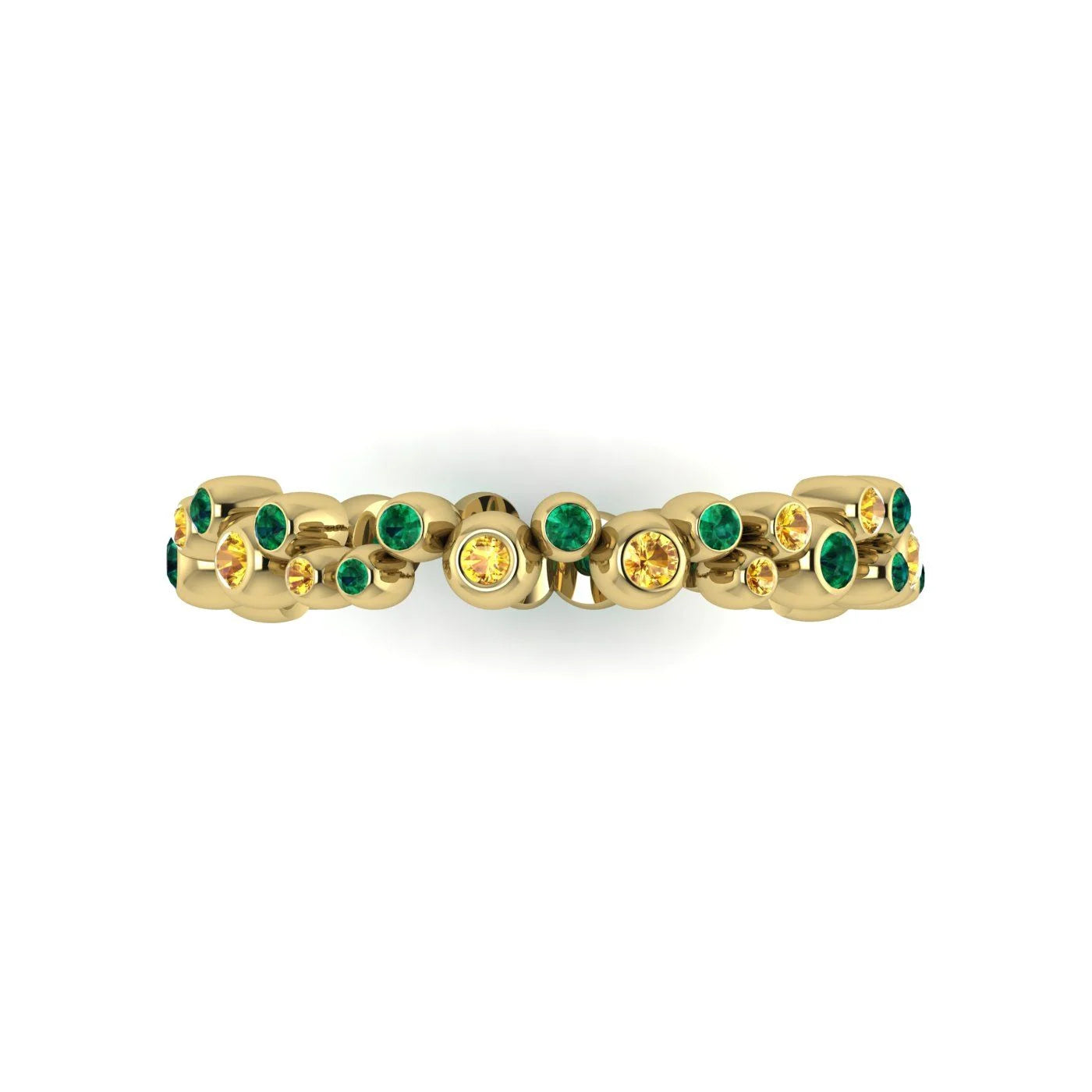 Top-down studio hero shot of the yellow gold alternative eternity ring, showcasing the unique linked bubble design precisely flush-set with green emeralds and yellow sapphires.