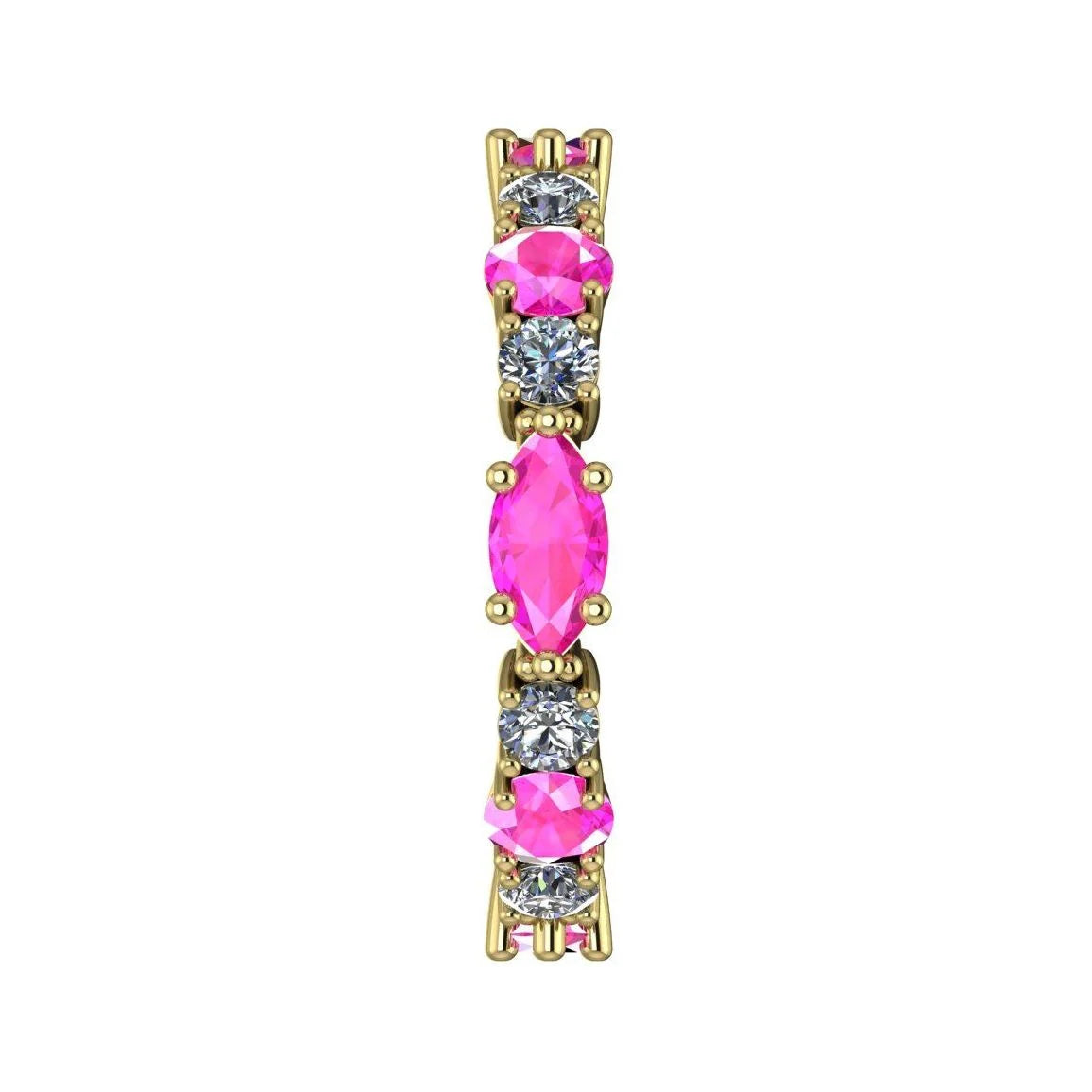 Macro shot of the alternating pink sapphire and diamond pattern on yellow gold.