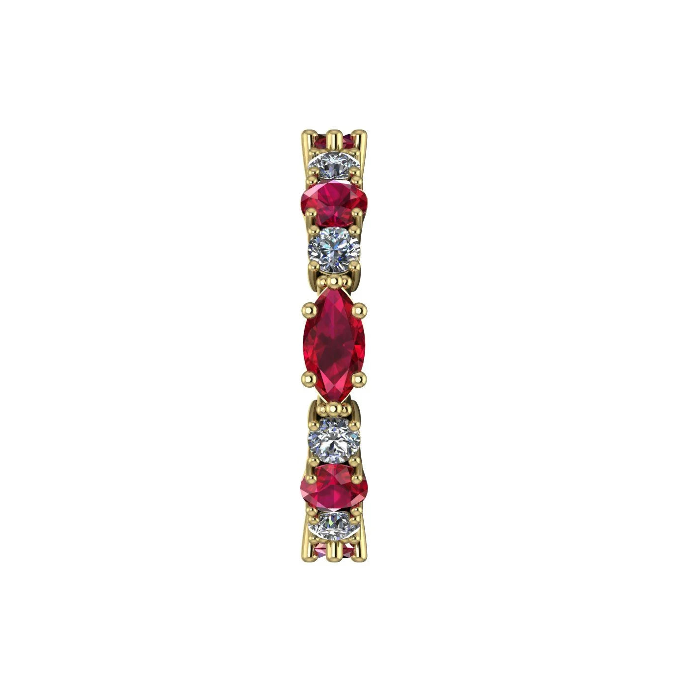 Model wearing the yellow gold Ruby and Diamond Allsorts ring, highlighting the bold colour contrast and artisan craftsmanship of this London-made piece.