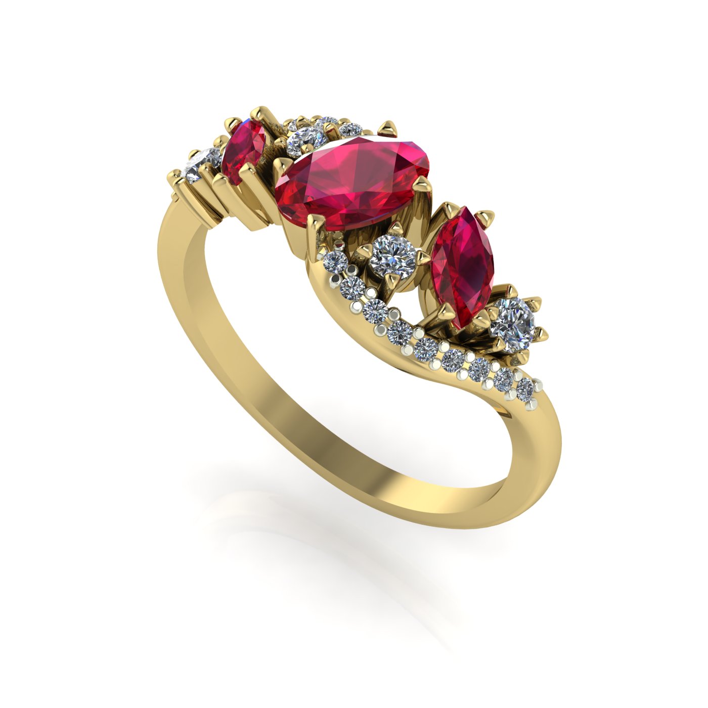 Side profile view of the yellow gold Atlantis Storm ring, highlighting the undulating organic band and secure gemstone settings.