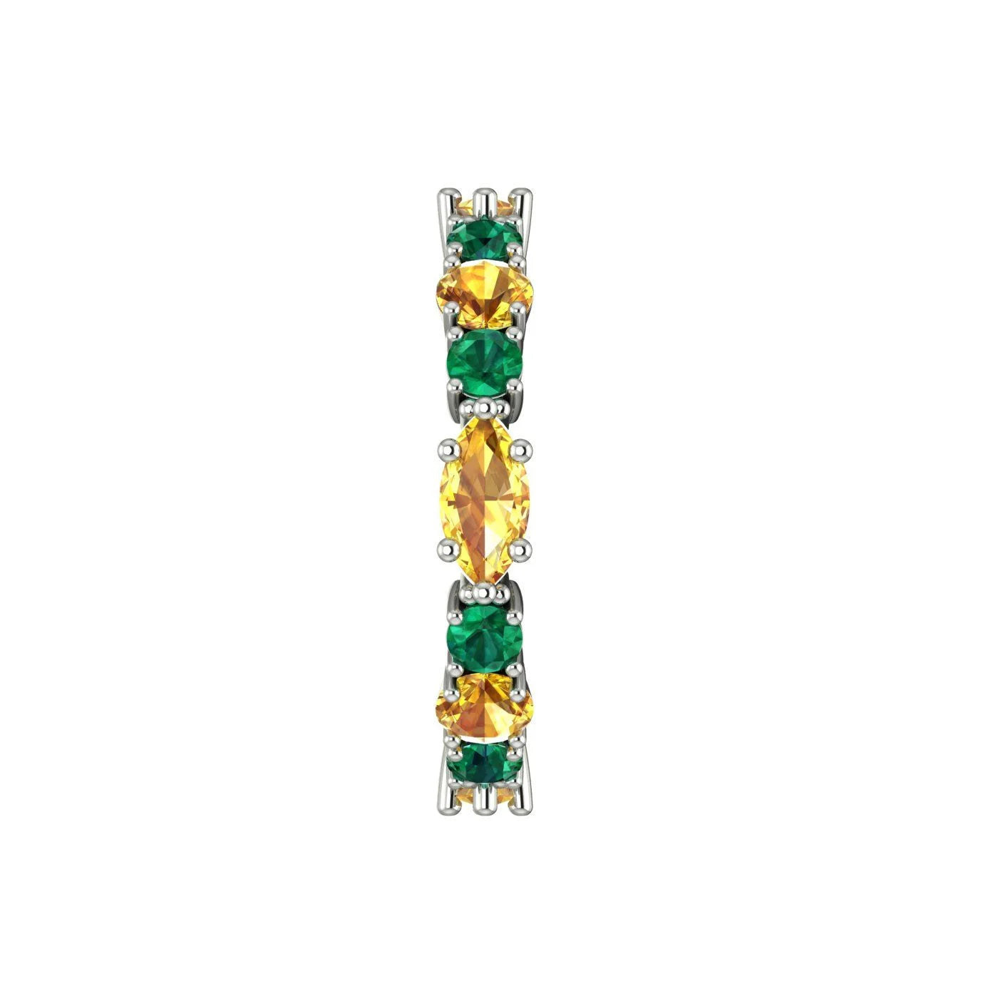 Side profile of the white gold eternity band showing the delicate claw settings that secure the yellow and green gemstones.